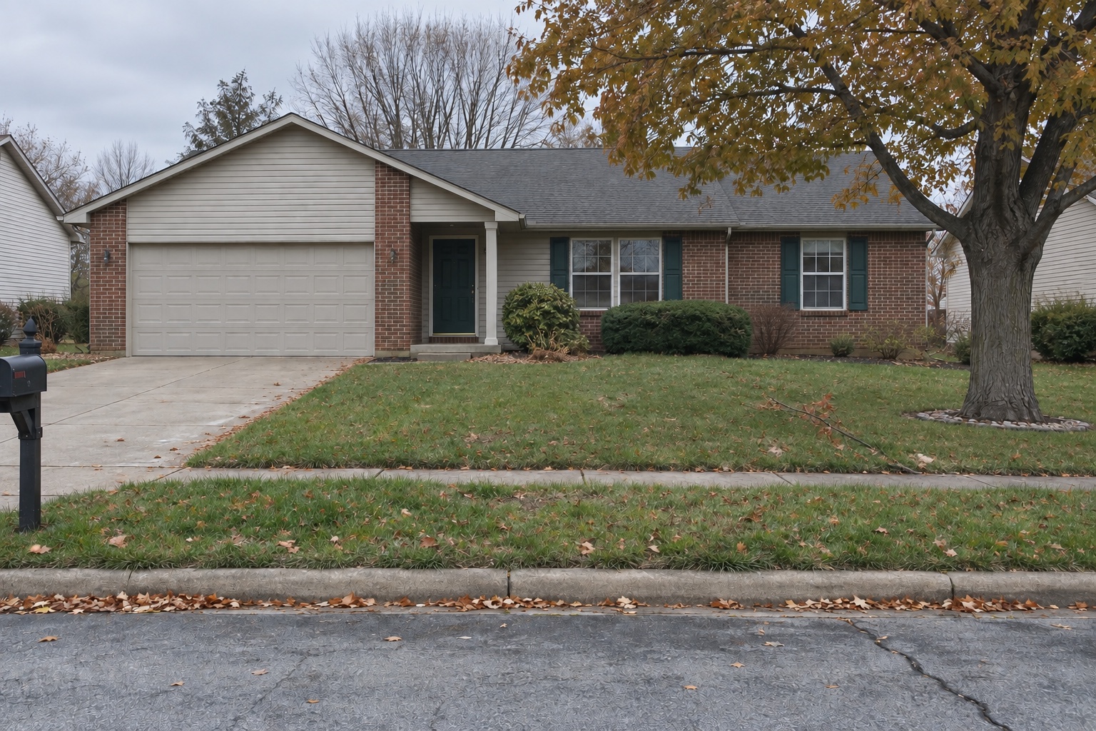 Matched current view of the same property with longer grass, additional leaves and a small fallen branch