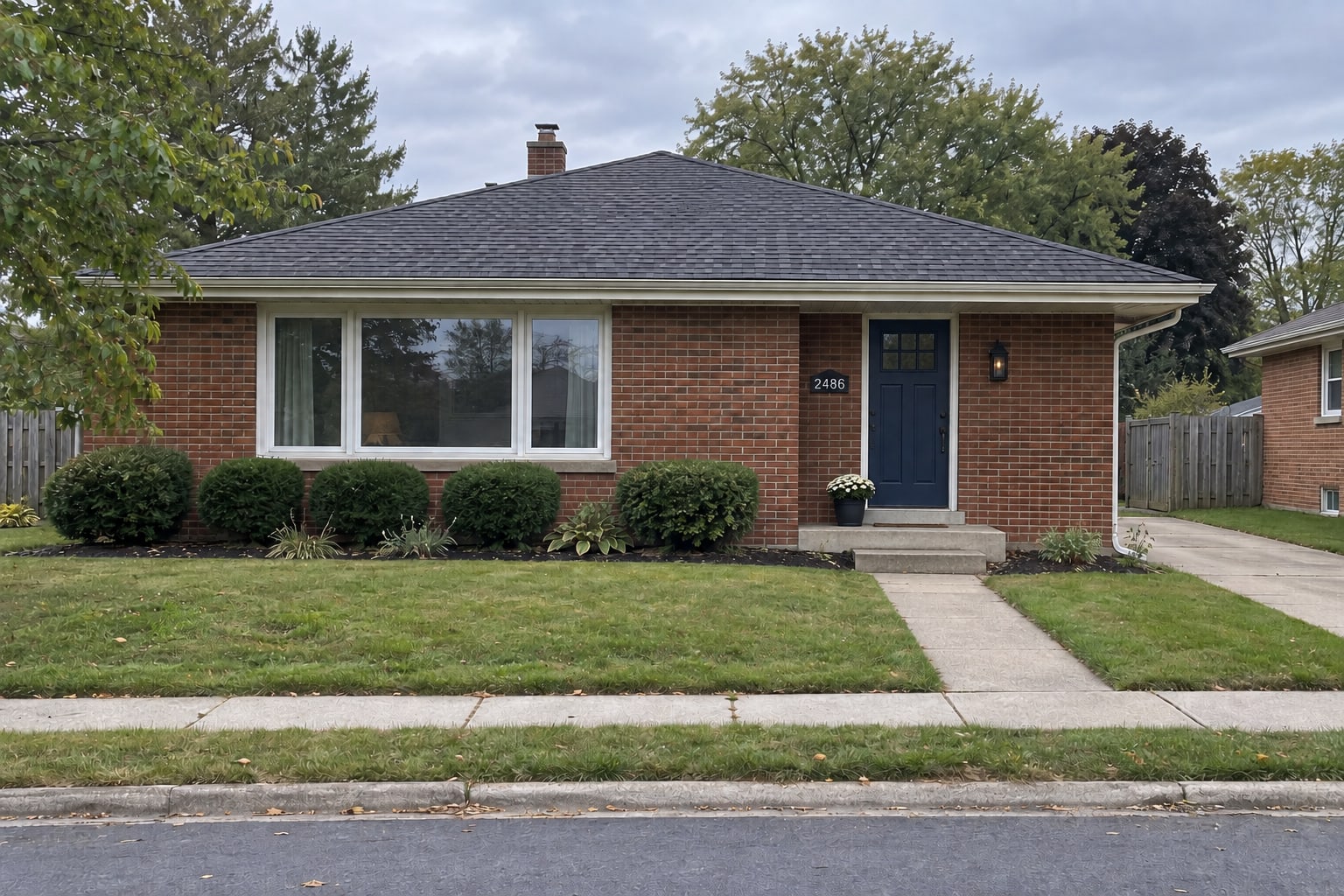 Single-story red-brick ranch with a navy front door, house number 2486, front lawn, concrete path and public sidewalk.