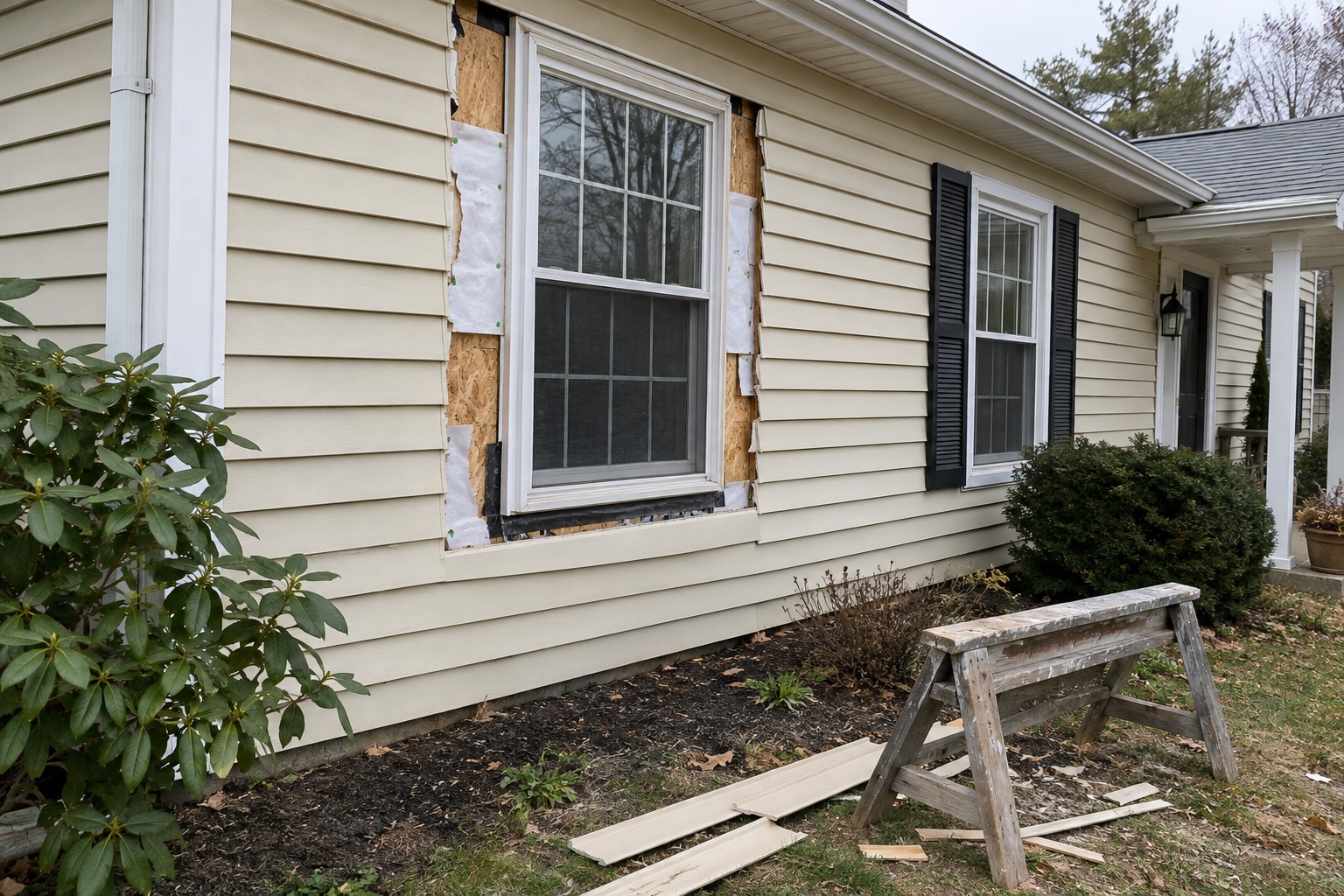 Cream-sided house with siding removed around one front window, exposed wrap and sheathing, a used sawhorse and loose siding pieces.