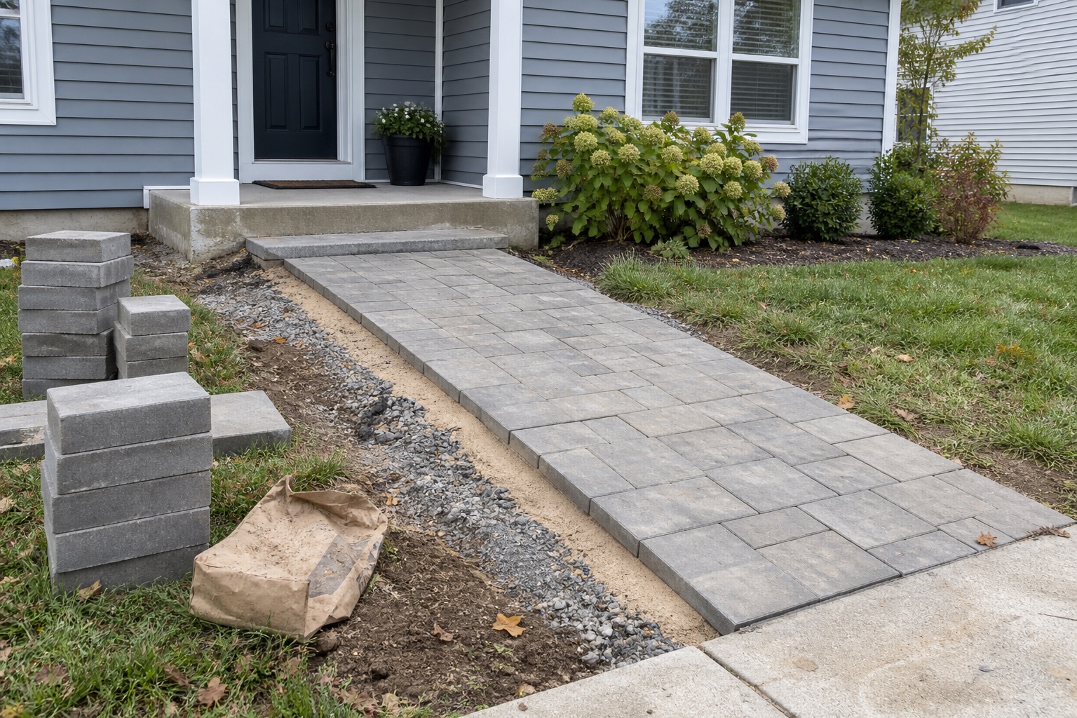 Partially finished gray-paver walkway with an exposed base edge, uneven stacks of spare pavers and a used paper material bag.