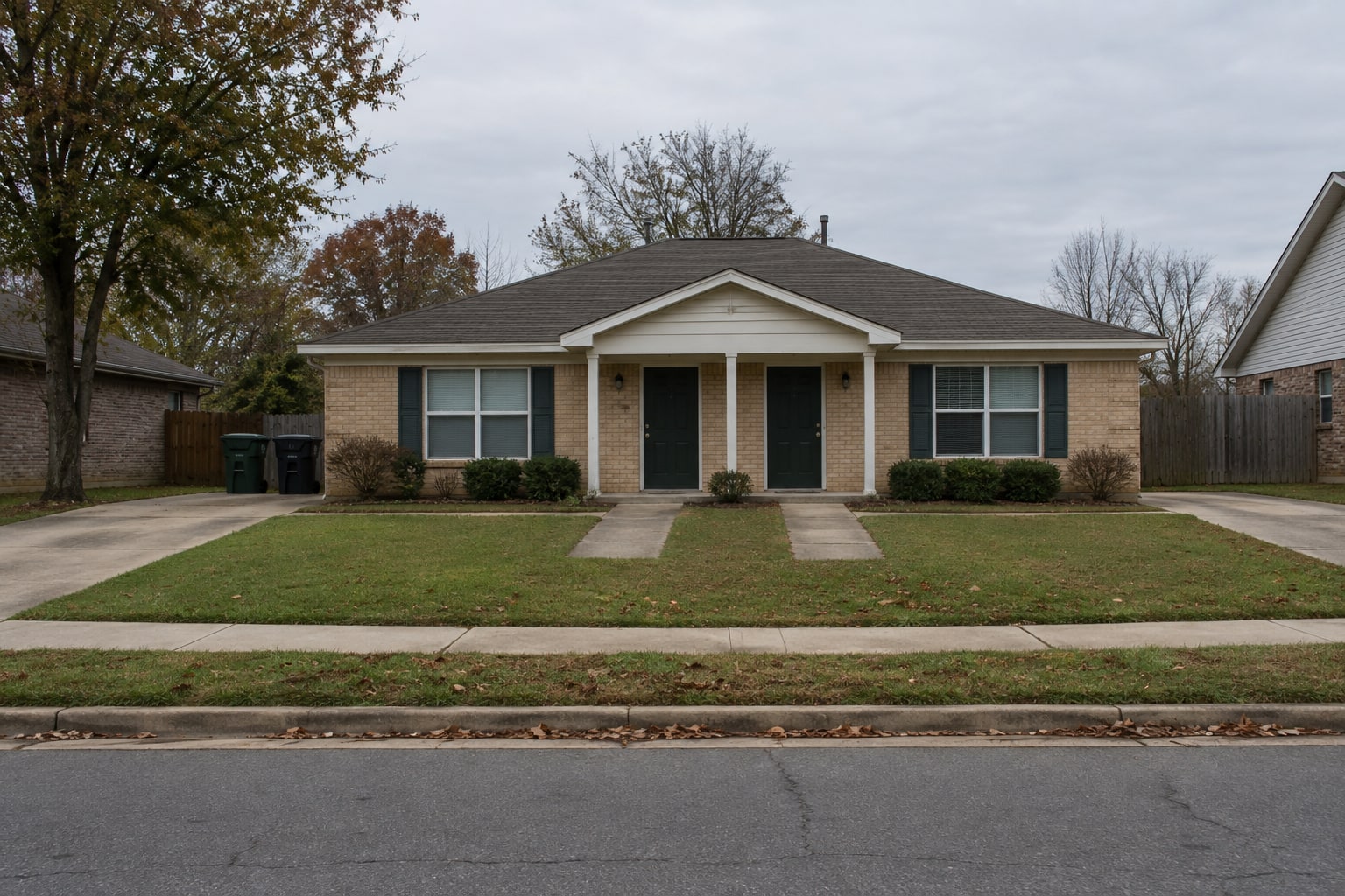 Brick duplex with closed doors and blinds, empty driveways and refuse bins beside the left unit.