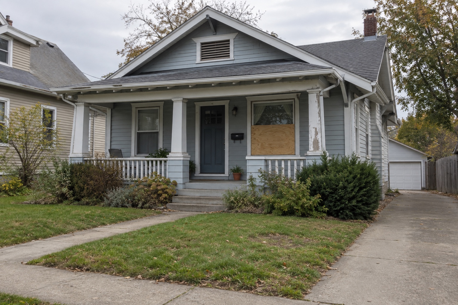 Older blue-gray bungalow with peeling porch trim, a fitted panel covering the lower half of one window, uneven lawn and a clear front path.