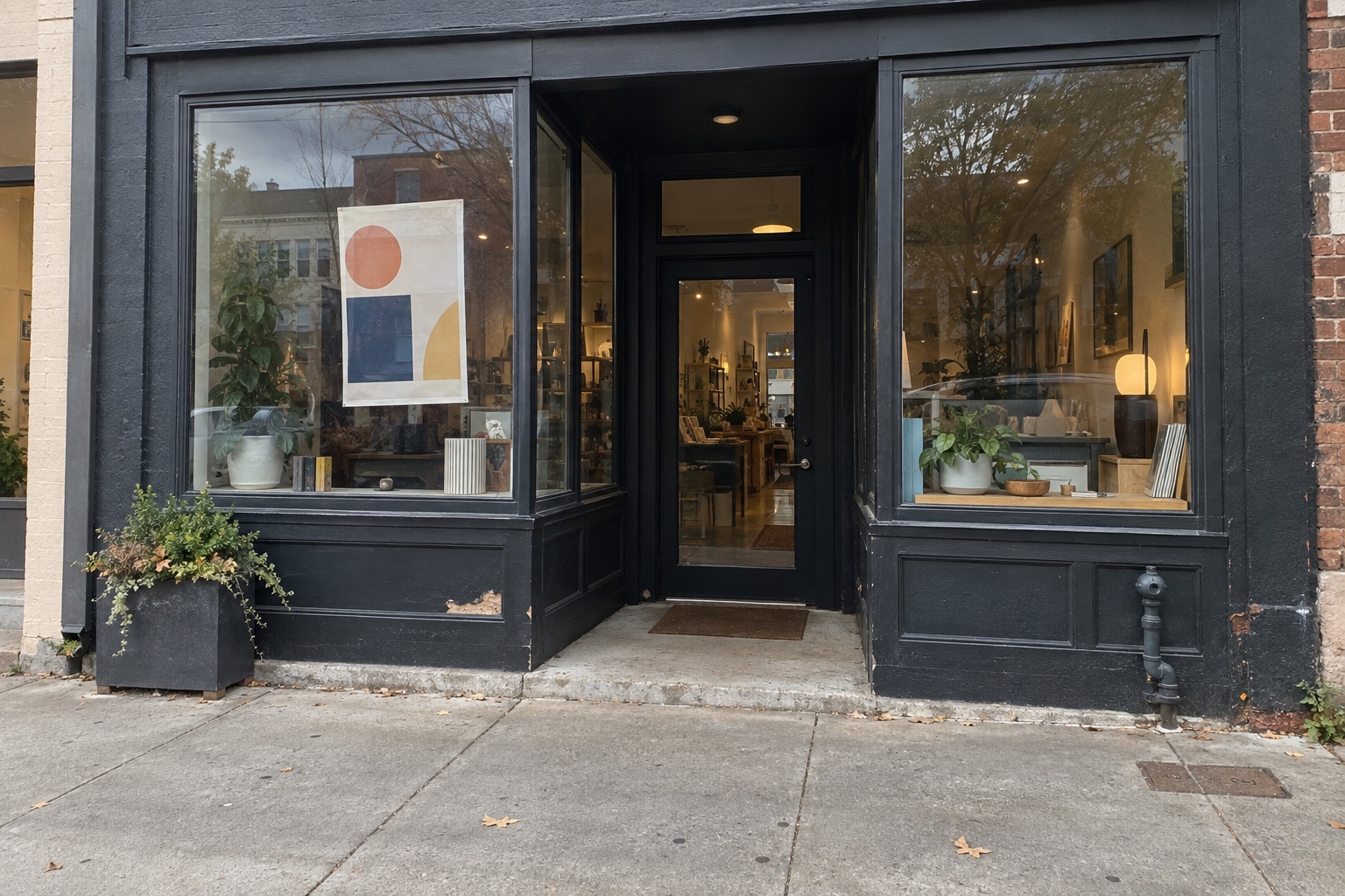 Dark-painted neighborhood storefront with a recessed glass door, two display windows, abstract window creative and worn public sidewalk.