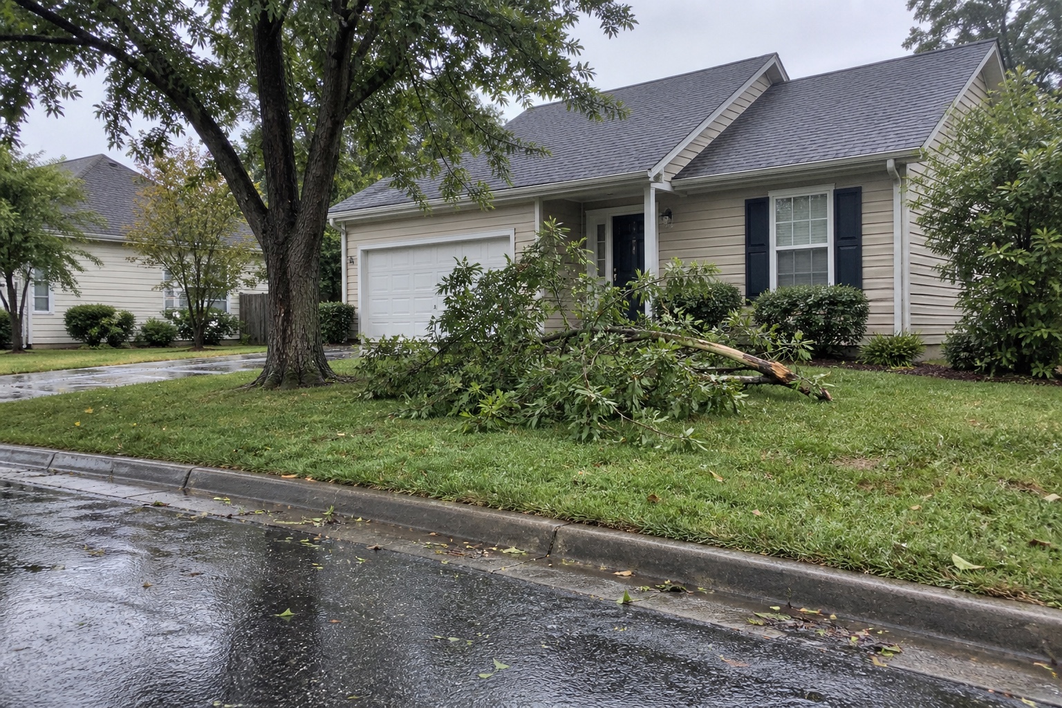 Beige suburban house after rain with a broken medium tree limb on the front lawn, wet street and scattered leaves at the curb.