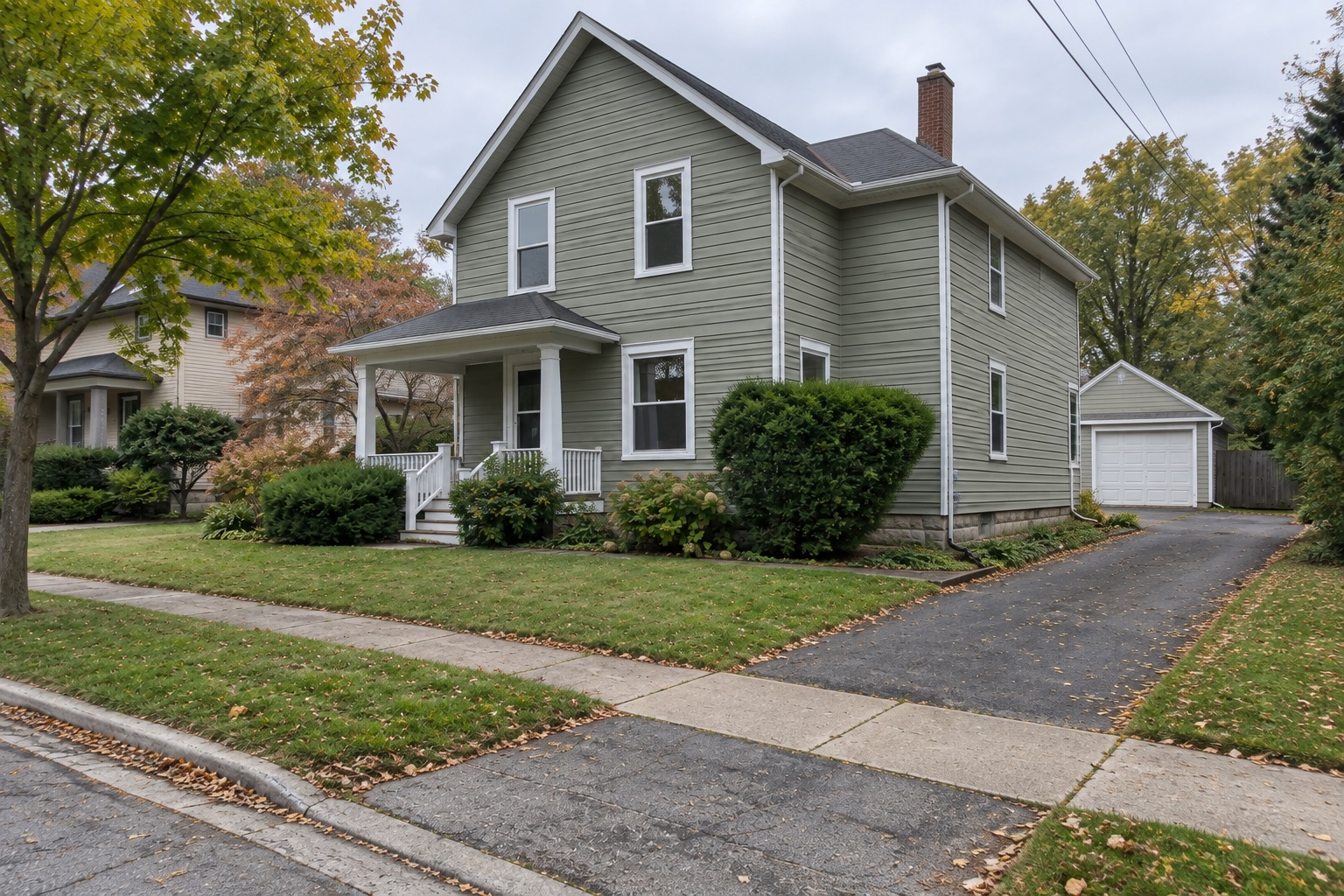 Driveway-side view of the same house with driveway, garage, porch and roofline